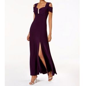 R & M Richards Plum Cold-Shoulder Brooch Gown NWT